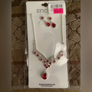 ENCour Culture Costume Jewelry Ruby Red Earring and Necklace Set